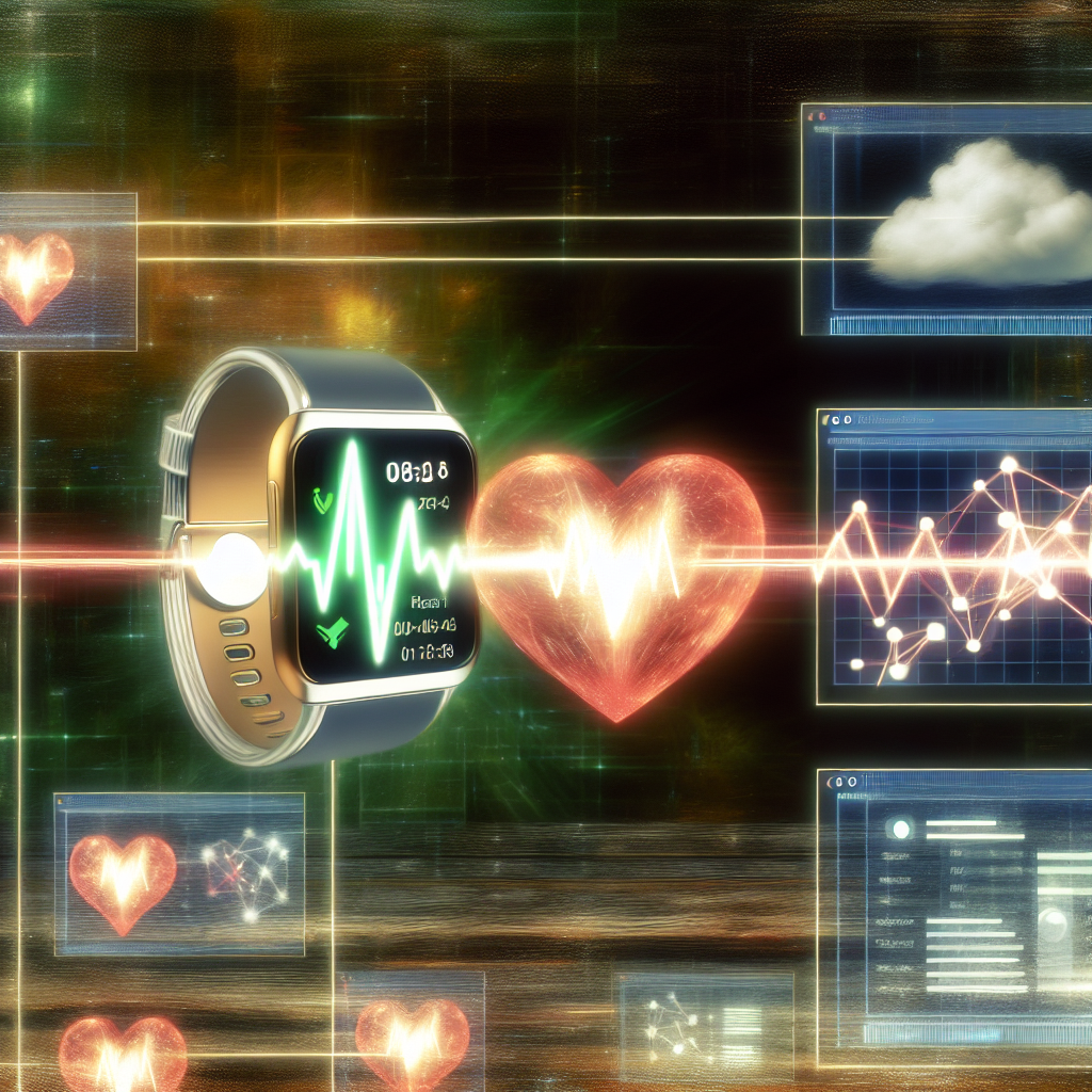 「スマートウォッチが心拍数や血圧を測定し、そのデータがクラウドにアップロードされ、AIによって解析される様子を示す画像」