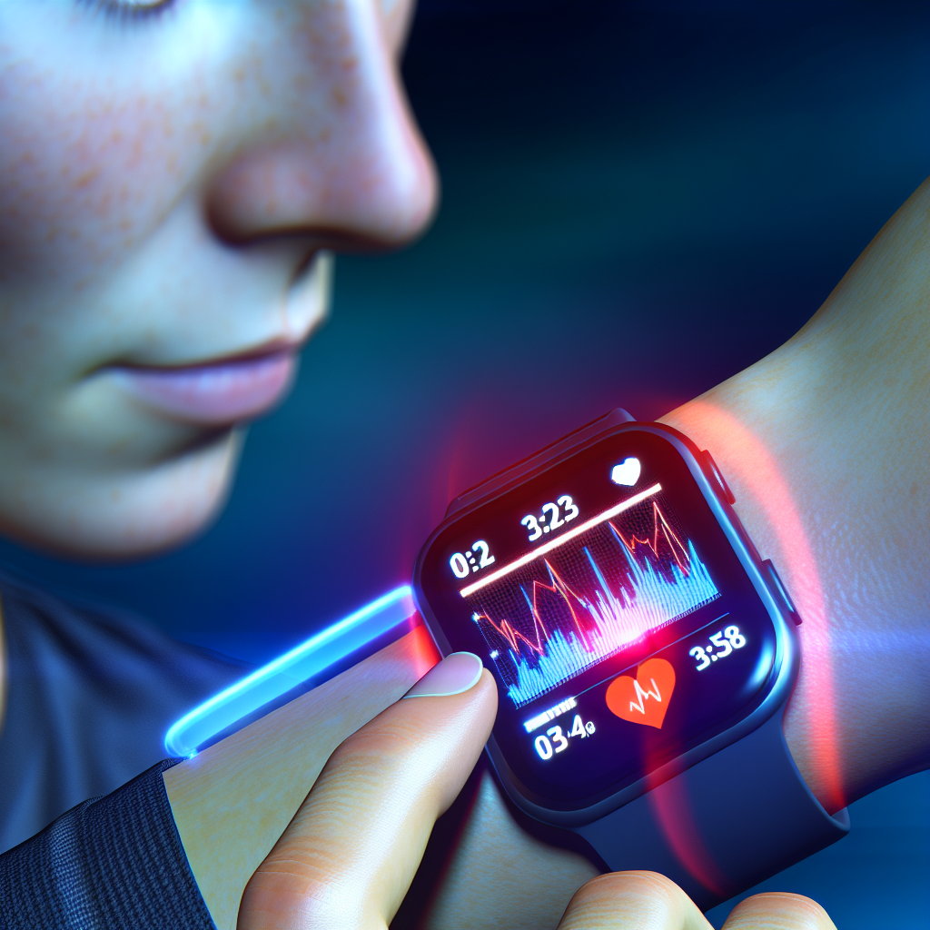 「腕にスマートウォッチを装着している人が、心拍数や運動量をリアルタイムでモニタリングしている様子を描いた画像」