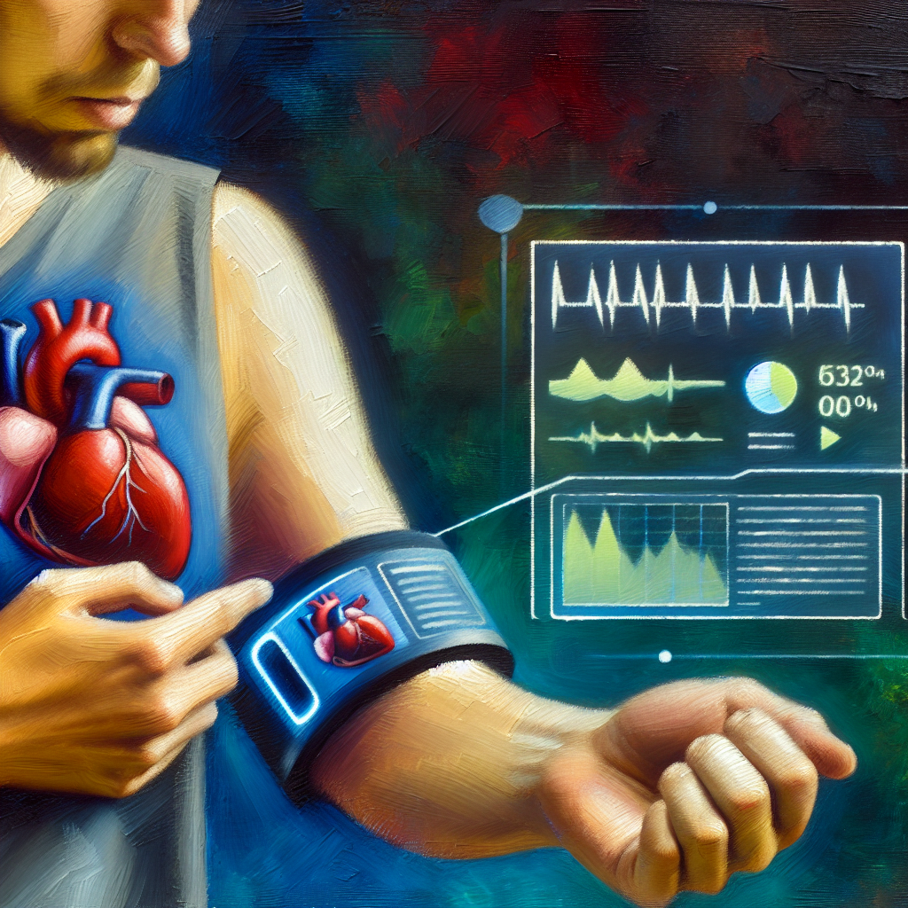 ウェアラブルデバイスを身につけ、その画面で心拍数や血圧などの健康データをリアルタイムで確認している人のイラスト。